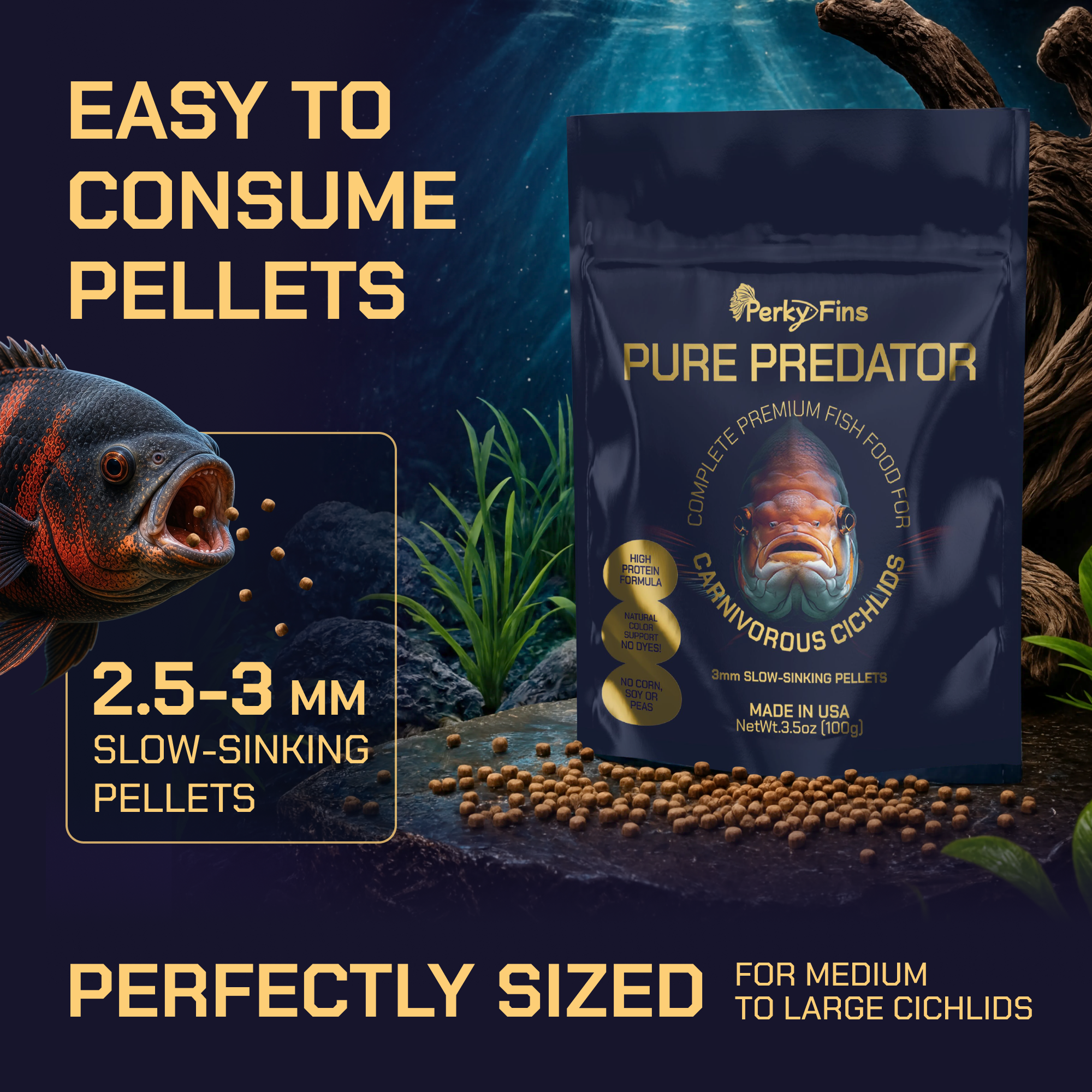 Perky Fins® Pure Predator Cichlid Fish Food Pellets